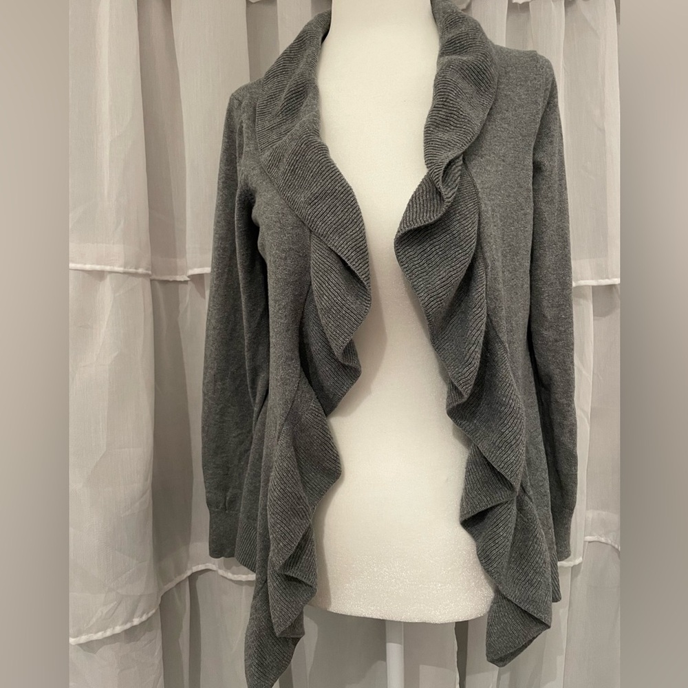 LOFT Gray Ruffled Open Front Cardigan